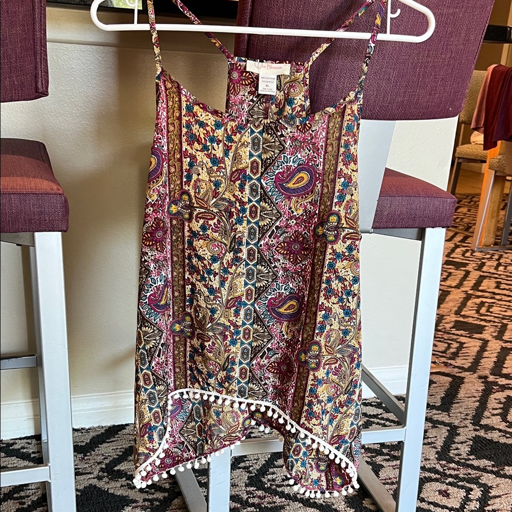 Bohemian Paisley Print racerback back open slit Pom Pom Trim purple brown XL